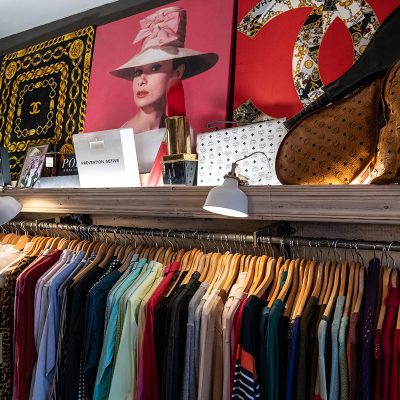 displays with racks and vintage clothing